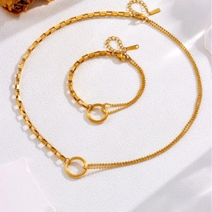 Golden titanium steel jewelry set featuring mixed box and bead chain with circular links