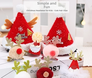 Detail of Christmas hair clips with sequined Santa hats and reindeer antlers on white boxes