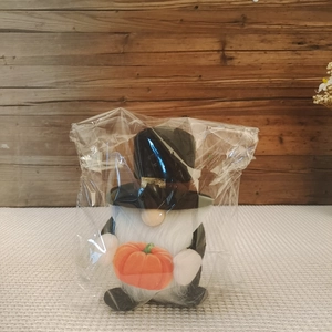 Harvest gnome chef plush with orange pumpkin and white beard in transparent packaging