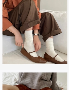 Detail of cream rib knit socks paired with brown leather Mary Jane shoes for casual wear