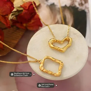 Heart Square Pendant Necklace Titanium Steel 18K Gold Plated Hollow Geometric Lava Texture Fashion Clavicle Jewelry Women