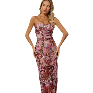 Elegant off-shoulder evening gown with colorful floral embroidery and sequins in a slim fit