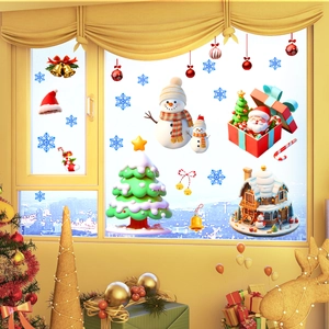 Detail of 3D Santa and snowman static window stickers for festive holiday home decoration