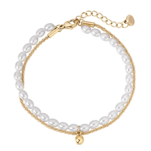 Double Layer Stainless Steel Bracelet With Faux Artificial Pearls Elegant Minimalist Adjustable Chain Jewelry For Women