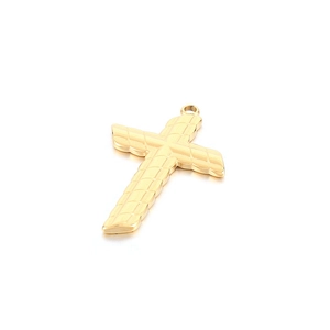 Minimalist golden stainless steel cross pendant with textured woven pattern for men