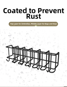 Detail of black metal wall-mounted umbrella rack with 6 hooks and anti-rust coating finish