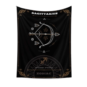 Detail of Sagittarius zodiac tapestry with gold and white constellations on black fabric