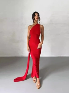 Elegant red one-shoulder bodycon long dress with stylish side drape for women