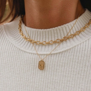 18K gold plated stainless steel layered necklace with rectangular moon pendant for women