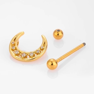 Piercing de mamelon doré en acier inoxydable avec croissant de lune et feuille de zircon