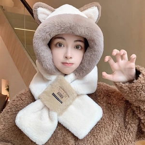 Set sciarpa con cappuccio in peluche da donna con orecchie di gatto bianco marrone