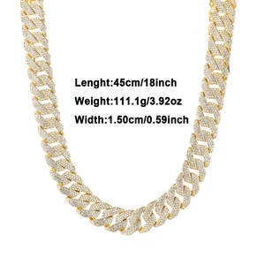 Detailed specs of iced out gold Cuban chain necklace with length, weight and width info