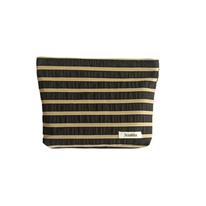 Large capacity black and yellow striped fabric makeup bag for travel storage