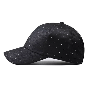 Black leather baseball cap for women with silver rhinestones and textured crackle finish