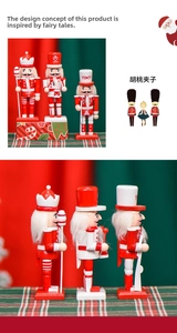Détail de trois soldats casse-noisettes en bois de 15cm au style festif rouge et blanc