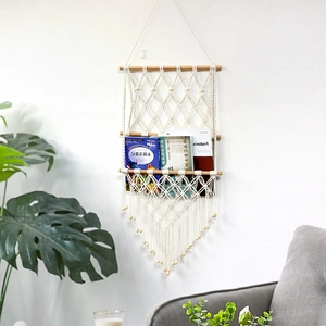 Bohemian 3-tier macrame wall hanging shelf with woven cotton rope and wood tassels