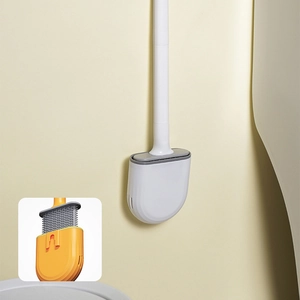 Wall-mounted silicone toilet brush set with flat TPR bristles and detachable handle