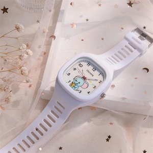 Detailed macro view of white silicone square watch with elephant dial and star mesh background
