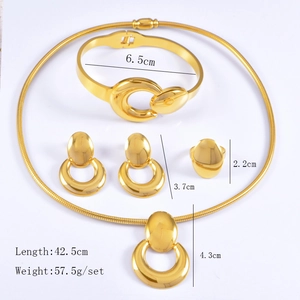 Polished gold jewelry set dimensions showing necklace, bracelet, earrings and ring details