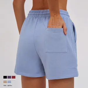 Women's high waist athletic sweat shorts in light blue with elastic waist and back pocket