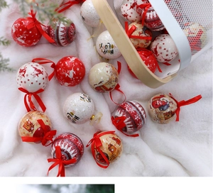 Close-up of Christmas ball ornaments with elk patterns on white faux fur background