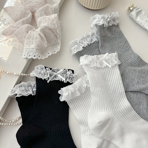 Lace ruffle crew socks set with bow tie and scrunchies in black, white, and grey colors