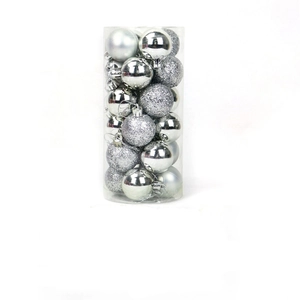 Silver Christmas ball set in transparent barrel showing glossy matte and glitter textures