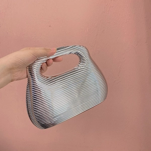 Acrylic Box Clutch Bag Ribbed Horizontal Stripes Integrated Cutout Handle Metallic Luster Evening Banquet Handbag For Women