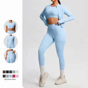 Tenue De Sport Yoga Femme Veste À Fermeture Éclair Manches Longues Soutien Gorge Legging Taille Haute Poches Fitness