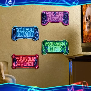 Set of 4 neon style gaming controller wall plaques with inspirational text for room decor