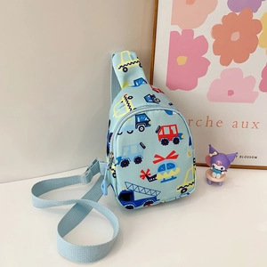 Detail of light blue kids chest bag featuring cartoon car and helicopter prints