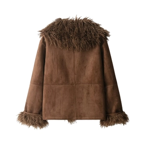 Dark brown suede jacket for women with plush fur collar and cuffs shown from the back