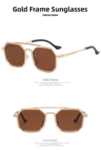 Detail view of steampunk polygonal gold metal sunglasses with brown lenses and double bridge