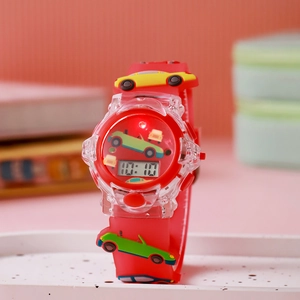 Red cartoon car kids digital watch with glowing LED and soft silicone strap for boys