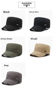 Flat top military caps in five colors featuring sports style side embroidery detail
