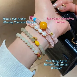 Bracelet Perles Jade Hetian Cire Abeille Agate Cuivre Pendentif Fu Style Chinois Rétro Ethnique Bijou Main Femmes