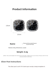 Detail of square crystal stud earrings with black and white contrast and rhinestone border