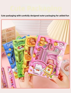 Detail of four colorful cartoon stationery gift sets for kids featuring 3D animal patterns