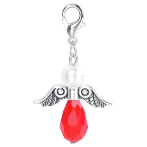 Silver angel wing pendant with white pearl head and faceted red crystal teardrop charm