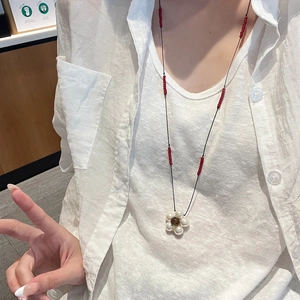 French Retro Flower Pendant Long Necklace For Women Imitation Artificial Pearl Alloy Acrylic Beaded Wax Rope Sweater Chain Accessory