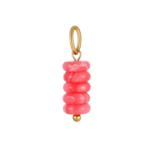 Close-up of pink natural stone pendant with five beads and a gold metal loop hook