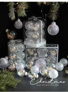 Macro view of transparent Christmas ornaments with glitter and mesh texture in a gift box