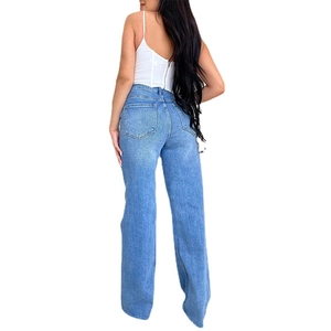 Dames jeans met hoge taille, blauwe wijde pijpen en details van de achterzak met gerafelde zoom