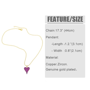 Détail du pendentif cœur avec zircons violets, placage or et dimensions précises