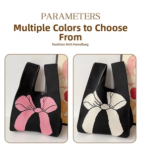 Detail of black knitted tote bags featuring large pink and cream bow patterns