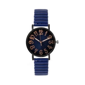 Fashionable watch with blue elastic spring band and black case with rose gold numerals