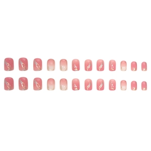 Pink gradient press-on nails set with gold marble patterns and 24 pieces in various sizes