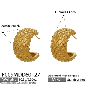 Macro view of 2cm waterproof stainless steel C-hoop earrings with textured grid patterns