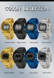 Selection of multi-color square digital sports watches with metal straps in grid layout