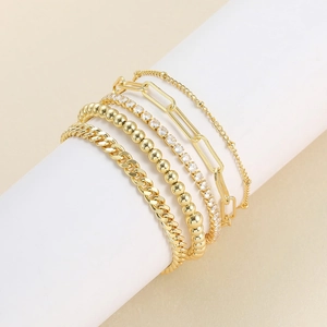 5-piece gold-plated titanium steel chain bracelet set with Cuban and zircon links